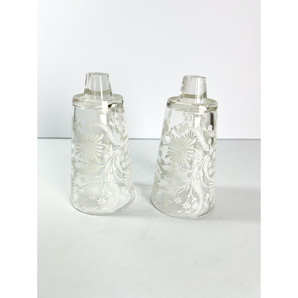 Vintage Clear Glass w/ White Floral Design Votive Candleholder (454) set of two